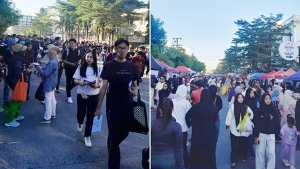 Suasana CFD Boulevard Makassar tampak pada dua sisi yang berbeda. Sebelah kiri: jalur olahraga yang ramai dimanfaatkan masyarakat. Sebelah kanan: kawasan jalur pedagang UMKM yang beraktivitas dan dikunjungi warga. (Foto kolase)