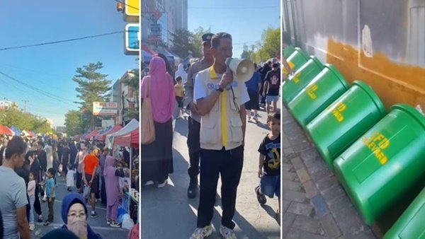 Suasana CFD Boulevard Makassar. Bagian kiri: tampak ramai warga yang beraktivitas di kawasan CFD. Bagian tengah: pengelola sedang memberikan arahan langsung di lokasi. Bagian kanan: sejumlah bak sampah baru telah disiapkan demi menjaga kebersihan kawasan. (Foto kolase)